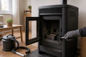 Poรชle ร granulรฉs ouvert avec cendres froides et brosse de nettoyage