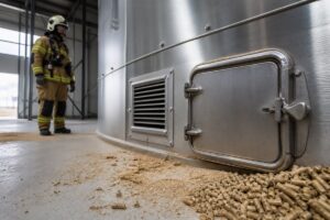 Technicien contrôlant un stockage de granulés avec poussière au sol