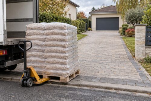 Palette de sacs de pellets déposée au pied d’un camion devant une allée