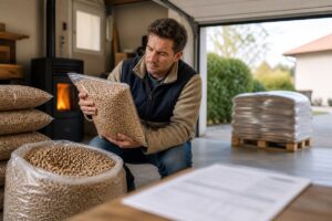 Contrôle d’un sac de granulés avant stockage au garage