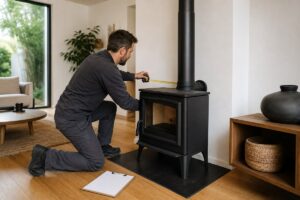 Installateur vérifiant le conduit d’un poêle avant validation du devis