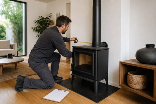 Installateur vérifiant le conduit d’un poêle avant validation du devis