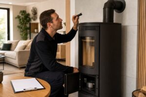 Installateur contrôlant le conduit d’un poêle à granulés moderne