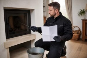 Ramoneur contrôlant une cheminée avec certificat de ramonage