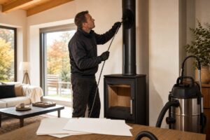 Ramoneur contrôlant le conduit d’un poêle à bois avant l’automne