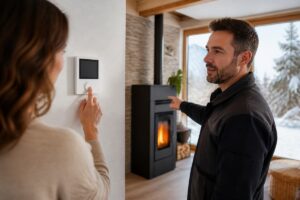 Installateur expliquant la régulation d’un chauffage avec poêle et thermostat mural