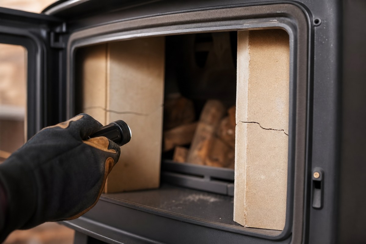 Contrôle d’une plaque de vermiculite fissurée dans un poêle à bois froid