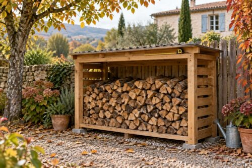 Abri à bois extérieur avec bûches rangées, à mesurer avant son installation