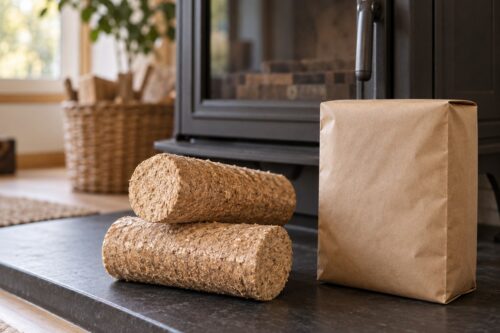 Deux bûches densifiées et un sac neutre devant un foyer froid