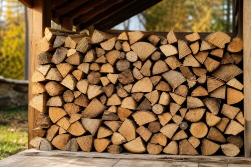 Bûches de bois courtes empilées dans un abri