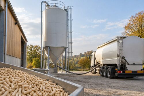 Silo industriel de granulés de bois et camion souffleur
