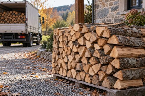 Bûches de 33 cm rangées près d’un camion de livraison