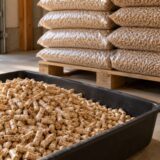 Granulés de bois dans un bac devant une palette de sacs