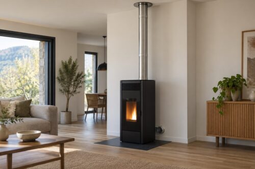 Poêle à granulés avec conduit inox dans un séjour