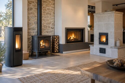 Quatre appareils de chauffage bois et granulés présentés dans un showroom