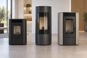 Trois poêles à granulés contemporains présentés dans un showroom