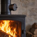 Poêle à bois avec flamme vive et régulateur de tirage sur le conduit