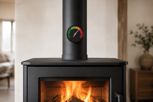 Thermomètre analogique fixé sur un conduit simple paroi au-dessus d’un poêle à bois
