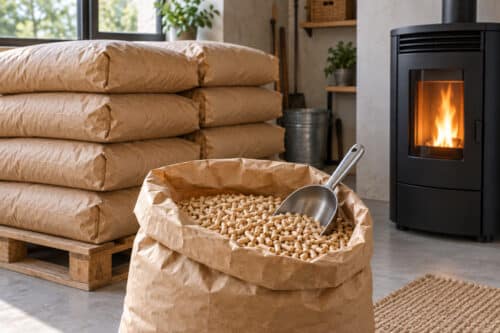 Sac de granulés de bois ouvert avant une commande de palette