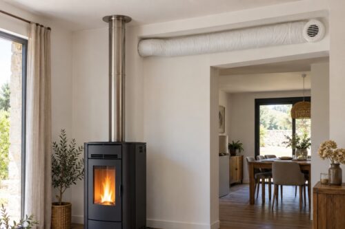Poêle à granulés avec une gaine d’air chaud vers une pièce voisine