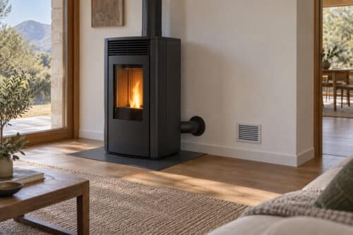 Poêle à granulés avec arrivée d’air extérieure et bouche de ventilation