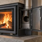 Insert à bois avec trappe d’accès ouverte près du conduit