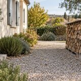 Réserve de bûches séparée de la maison par une zone dégagée