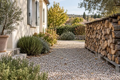 Réserve de bûches séparée de la maison par une zone dégagée