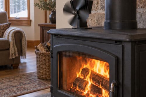 Ventilateur thermique posé sur un poêle à bois en fonctionnement