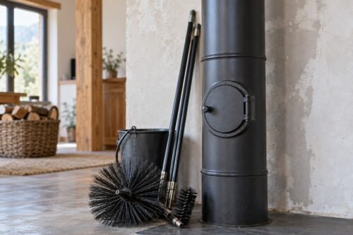 Conduit de poêle avec trappe de ramonage fermée et hérisson posé au sol