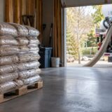 Palette de sacs de granulés et camion de livraison en vrac devant un garage
