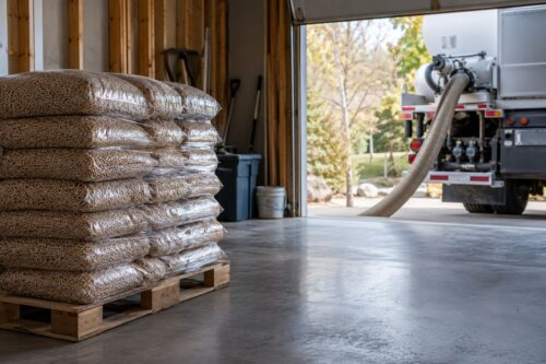 Palette de sacs de granulés et camion de livraison en vrac devant un garage